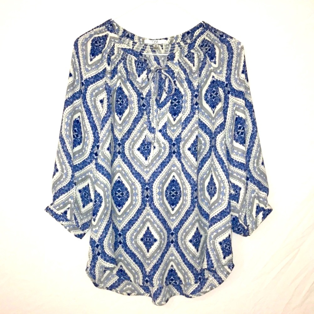 Q&A | 💙Blue Jacquard Print Boho 3/4 Sleeves Loose Blouse